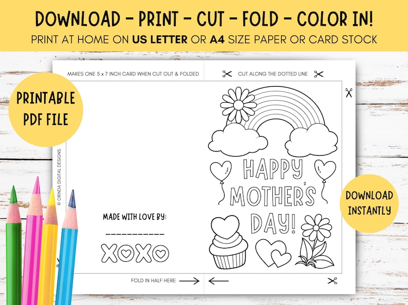 Kids Mother's Day Coloring Card - PRINTABLE Kids Mother's Day Card ...