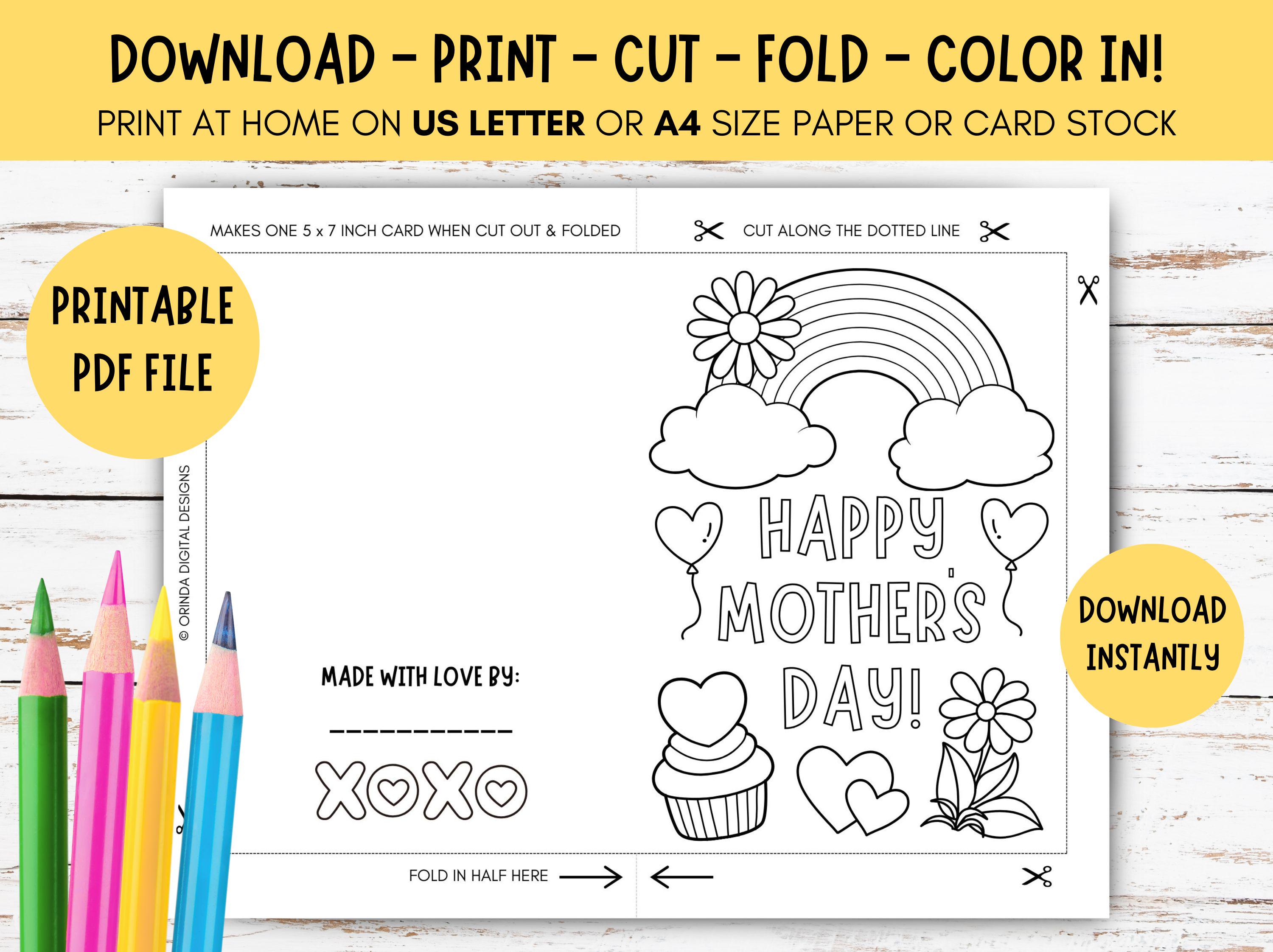 Kids Mother's Day Coloring Card - PRINTABLE Kids Mother's Day Card ...