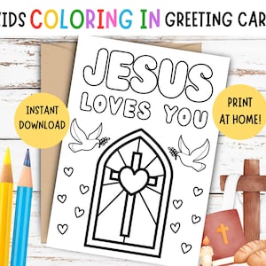 Biglietto di Pasqua da colorare per bambini! Biglietto di Pasqua cristiano STAMPABILE per bambini, biglietto di Pasqua religioso fai da te per bambini, biglietto "Gesù ti ama", 5 x 7 POLLICI