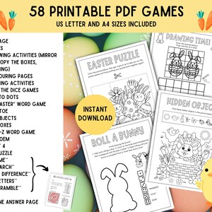 Op de afbeelding: Een verzameling van 58 afdrukbare PDF Paasspellen, waaronder doolhoven, kleurplaten en woordspelletjes. De afbeelding toont verschillende spelpagina's met Pasen-thema illustraties, zoals konijnen, eieren en kuikens. US Letter en A4 formaten zijn inbegrepen.