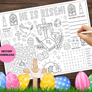 Christelijke activiteitenplacemat voor Pasen! AFDRUKBARE religieuze paasactiviteitenpagina voor kinderen, paasplacemat, paaswerkblad, hij is opgestaan-activiteit afbeelding 1