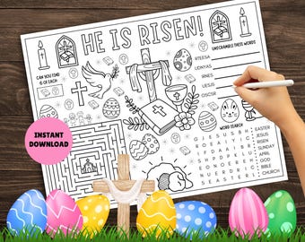 Easter Christian Activity Placemat! PRINTABLE Kids Religious Easter Activity Page, Easter Placemat, Easter Worksheet, He is Risen Activity