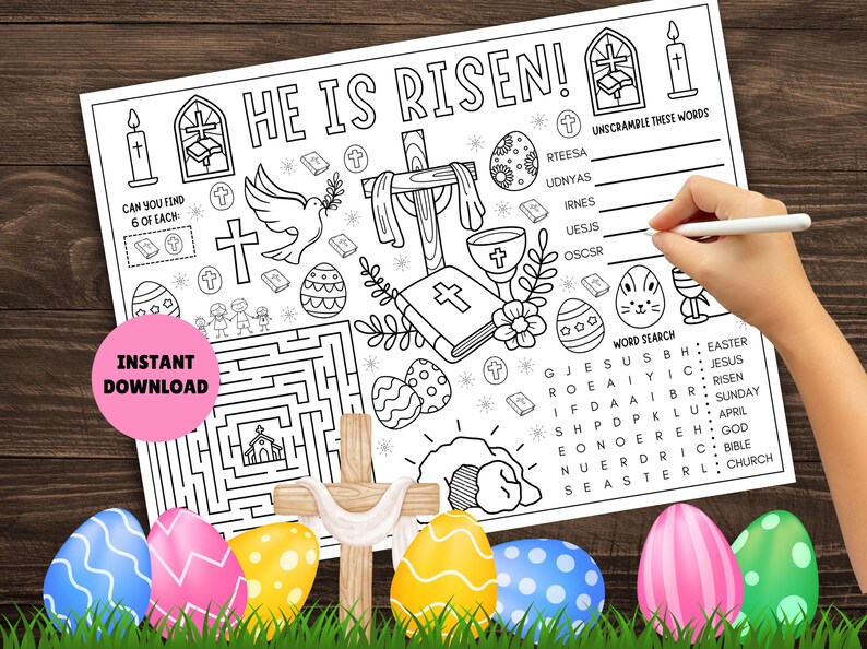 Christelijke activiteitenplacemat voor Pasen! AFDRUKBARE religieuze paasactiviteitenpagina voor kinderen, paasplacemat, paaswerkblad, hij is opgestaan-activiteit afbeelding 1
