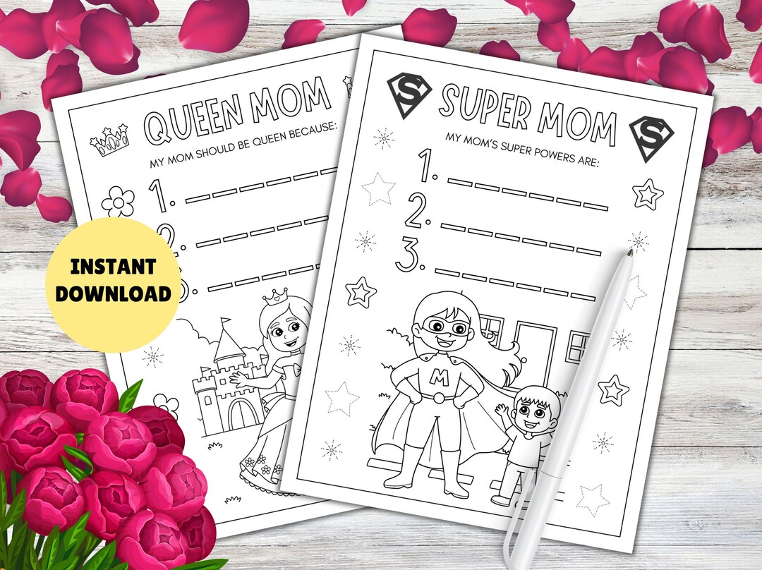 Super Mom and Queen Mom Activity Pages! PRINTABLE Kids Mother's Day ...