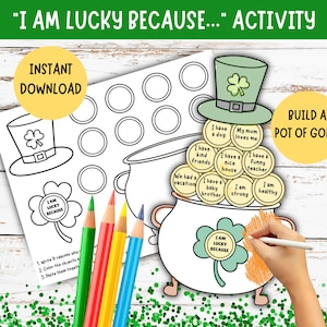 Puede incluir: Una hoja de actividad imprimible para que los niños coloreen y construyan un pote de oro. La hoja incluye un sombrero de duende, un pote de oro y una variedad de monedas de oro con afirmaciones positivas como "Tengo amigos amables" y "Soy fuerte".