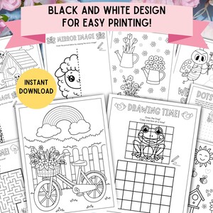 May include: Black and white printable activity sheets for children featuring a variety of activities including a maze, mirror image, drawing, and dot-to-dot. The sheets feature spring-themed images like a butterfly, a frog, a rainbow, and a bicycle.