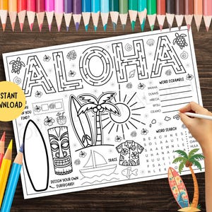 以下が含まれることがあります： 迷路としてデザインされたALOHAの文字、ワードスクランブル、ワードサーチ、そしてティキ像、サーフボード、ヤシの木、太陽、ヨット、花柄のシャツなどの様々なイラストが描かれた、白黒のアクティビティシート。