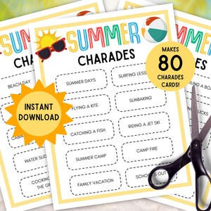 80 carte di sciarade estive! Gioco di sciarade estivo STAMPABILE, spunti estivi per recitare o disegnare, gioco di società estivo, famiglia, adolescenti e bambini, campi estivi