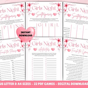 May include: A set of 22 printable girls' night games in pink and white with floral accents. The games include "Scattergories", "Finish the Phrase", "Finish the Lyrics", and "Activities".