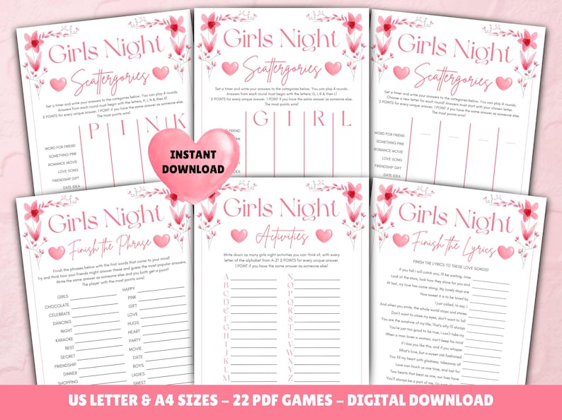 May include: A set of 22 printable girls' night games in pink and white with floral accents. The games include "Scattergories", "Finish the Phrase", "Finish the Lyrics", and "Activities".
