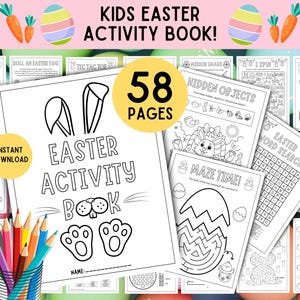 May include: Black and white printable Easter activity book with 58 pages. The cover features bunny ears and paw prints. The book includes activities such as mazes, word searches, and hidden object games.