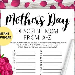 Describe Mom from A-Z! PRINTABLE Mother&#39;s Day Game, Mothers Day Word Game, Mothers Day Party, Minimalist Modern Elegant, Mothers Day Brunch