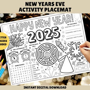 New Years Eve Activity Placemat for Kids - PRINTABLE New Years Activity Mat - New Years Kids Activities - NYE Activity Sheet & Coloring In