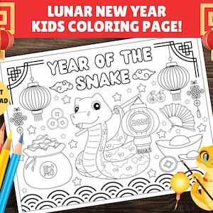 Kids Lunar New Year Coloring Page - PRINTABLE Lunar New Year, Year of the Snake, Coloring Sheet, Lunar New Year Worksheet - Activity Page