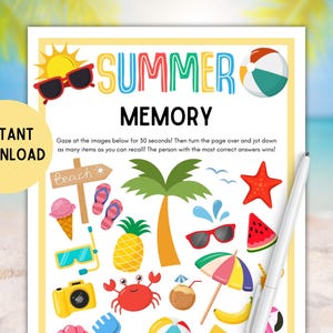Puede incluir: Un juego de memoria con temática de verano con las palabras "SUMMER MEMORY" en la parte superior. El juego presenta ilustraciones de artículos de playa como gafas de sol, una pelota de playa y una estrella de mar. También se ven las palabras "DESCARGA INSTANTÁNEA".