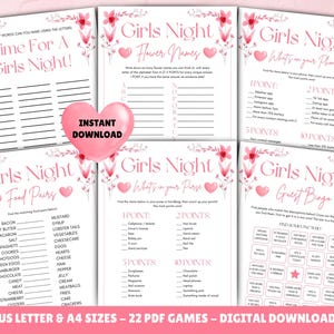 May include: A set of 22 printable PDF games for a girls' night out. The games include "Time for a Girls Night", "Girls Night Flower Names", "Girls Night What's in Your Purse", "Girls Night Food Pairs", and "Girls Night Guest Bingo".