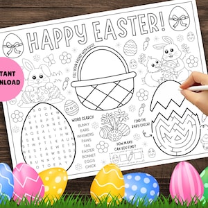 May include: A black and white printable Easter activity sheet with a word search, maze, and bunny rabbit illustrations. The sheet says "Happy Easter!" and "Fill your basket with eggs".