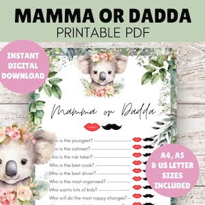 Mamma o papà - Tema Koala - Gioco per baby shower - Attività di una pagina - PDF stampabile da scaricare in formato digitale immediato - Attività per mamma, papà e genitori