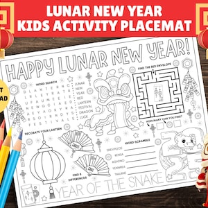 Kids Lunar New Year Activity Placemat - PRINTABLE Lunar New Year 2025, Kids Activities, Coloring, Lunar New Year Worksheet - Activity Page