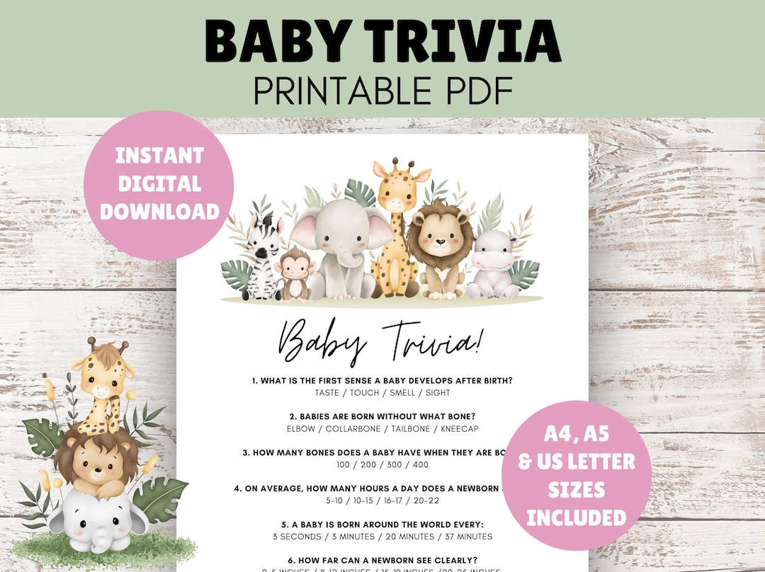 Baby Trivia - Baby Jungle Animal Theme - Baby Shower Game - One Page ...