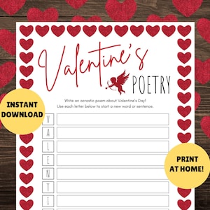 Pagina di poesia di San Valentino - Poesia acrostica di San Valentino STAMPABILE - Poesia di San Valentino fai da te - Giochi di San Valentino - Pagina di San Valentino