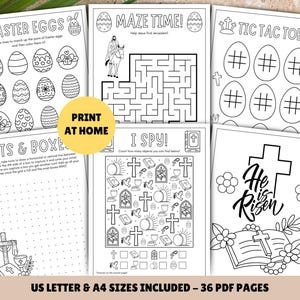 Pu&ograve; includere: Un set di 36 pagine da colorare di Pasqua stampabili per bambini. Le pagine presentano una variet&agrave; di attivit&agrave;, tra cui un labirinto, un gioco di tris, un puzzle punto a punto, un gioco di "Io vedo" e una pagina da colorare con le parole "&Egrave; risorto".
