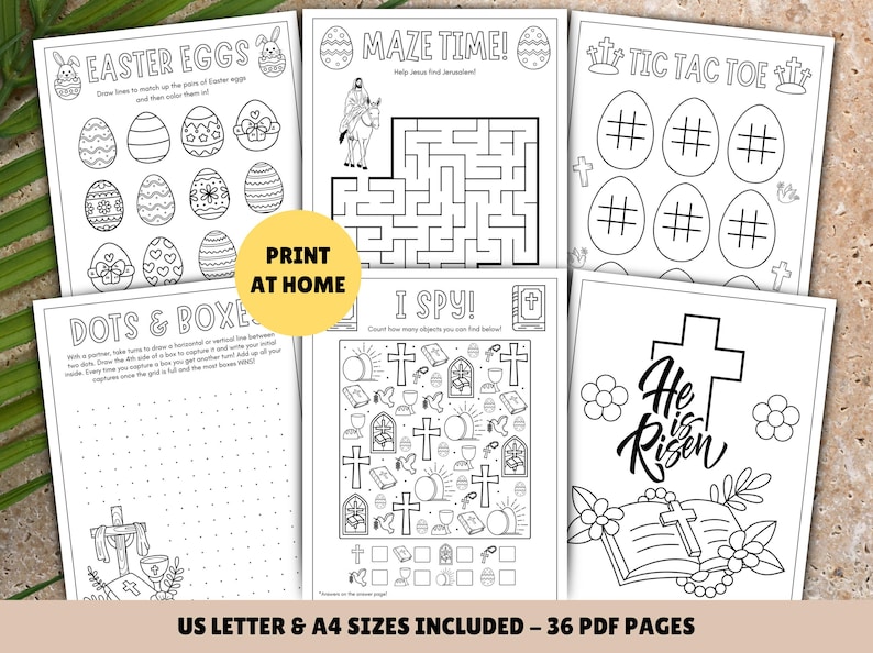 Pu&ograve; includere: Un set di 36 pagine da colorare di Pasqua stampabili per bambini. Le pagine presentano una variet&agrave; di attivit&agrave;, tra cui un labirinto, un gioco di tris, un puzzle punto a punto, un gioco di "Io vedo" e una pagina da colorare con le parole "&Egrave; risorto".