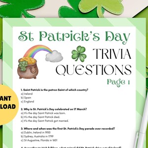 St Patrick&#39;s Day Trivia Game! PRINTABLE St Patricks Day Activity, St Paddys Party Game, St. Patrick&#39;s Trivia Questions and Answers - Party