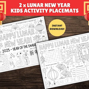 2 x Kids Lunar New Year Activity Placemats, PRINTABLE Lunar New Year 2025 Kids Activities, Coloring, Lunar New Year Worksheet, Activity Page