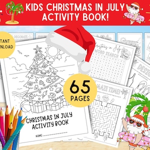 May include: A Kids Christmas in July Activity Book with 65 pages. The cover features a Christmas tree with seashells and a sun. Includes word search, maze, and design activities. A Santa hat and pencils are also visible.