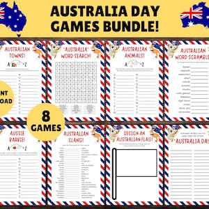 May include: An Australia Day games bundle with eight different games. The bundle includes word searches, word scrambles, and other fun activities. The design features the Australian flag and koala illustrations. The text reads "Australia Day Games Bundle!"