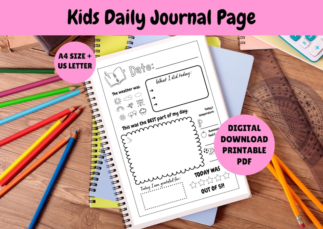 Kids Daily Journal Page - DIGITAL DOWNLOAD Pdf - Children's Diary - One