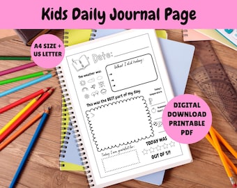 子供向け日記ページ - デジタルダウンロード（PDF） - 子供の日記 - 印刷可能な1ページ - 振り返り - 感謝 - 即時ダウンロード