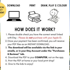 May include: Digital download instructions with icons for downloading, printing, and coloring. Text includes "How Does It Work?" with steps for downloading and printing PDF files. A yellow circle states "NO PHYSICAL PRODUCT WILL BE SENT".