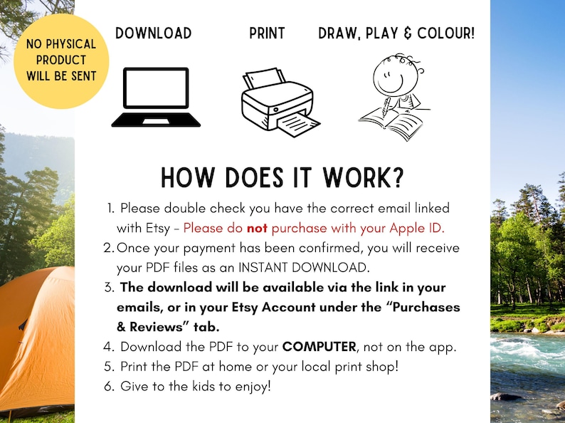 May include: Digital download instructions with icons for downloading, printing, and coloring. Text includes "How Does It Work?" with steps for downloading and printing PDF files. A yellow circle states "NO PHYSICAL PRODUCT WILL BE SENT".
