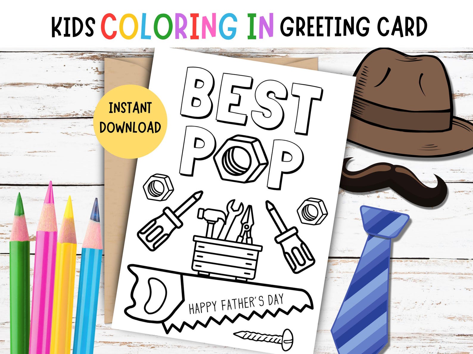 Pop - Kids Coloring Father's Day Card - PRINTABLE Father's Day Coloring ...