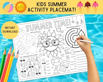 Kids Summer Activity Placemat! PRINTABLE Summer Kids Activity Page, Summer Placemat, Summer Activity Mat, Summer Time Worksheet, DOWNLOAD
