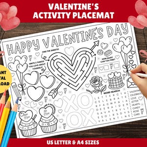 Kids Valentine's Day Activity Placemat - PRINTABLE Valentines Placemats - PDF Digital Download - Kids Valentine Activities - Valentines Page