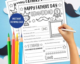 May include: A black and white printable Father's Day activity sheet for Granddad. The sheet includes fill-in-the-blank sections, a frame for a photo, and the text "Happy Father's Day Granddad". A hand is holding a pen to write on the sheet.