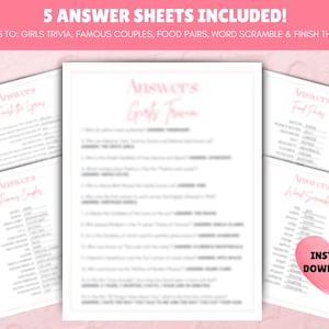 May include: Five printable answer sheets for a girls' trivia game. The answer sheets include categories such as girls' trivia, famous couples, food pairs, word scramble, and finish the lyrics. The text "INSTANT DOWNLOAD" is in a pink heart shape.