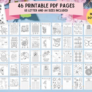 May include: A set of 46 printable PDF pages featuring spring-themed activities for children. The pages include mazes, word searches, connect the dots, and more. The pages are designed for US Letter and A4 sizes.