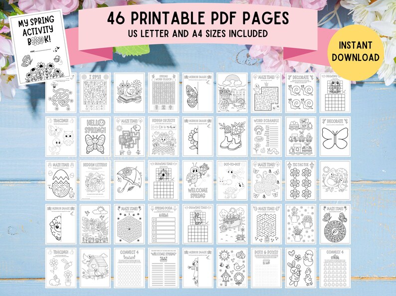 May include: A set of 46 printable PDF pages featuring spring-themed activities for children. The pages include mazes, word searches, connect the dots, and more. The pages are designed for US Letter and A4 sizes.