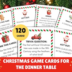 120 kerstspelkaarten voor aan tafel - afdrukbare kerstspelletjes - kerstspelletjes op tafel - trivia - charades - direct downloaden