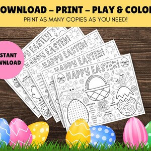 May include: A set of four printable Easter activity sheets featuring a word search, maze, and other games. The sheets are black and white and have the text "Happy Easter!" printed on them. The sheets are surrounded by colorful Easter eggs.