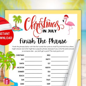 Finish The Phrase Game! Christmas in July Theme! PRINTABLE PDF Christmas in July Finish The Sentence Game, Christmas In July Party Games
