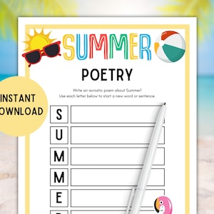 Pagina di poesia estiva! Attività di poesia estiva STAMPABILE, Scrivi la tua poesia estiva, Festa estiva, Famiglia, Bambini, Gioco in classe, Gioco del campo estivo