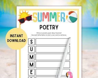 Summer Poetry Page! PRINTABLE Summer Poem Activity, Write Your Own Summer Poem, Summer Party, Family, Kids, Classroom Game, Summer Camp Game