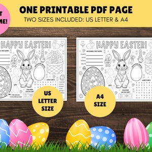 May include: A printable Easter activity sheet featuring a bunny rabbit, eggs, and a word search. The sheet is available in two sizes: US Letter and A4.