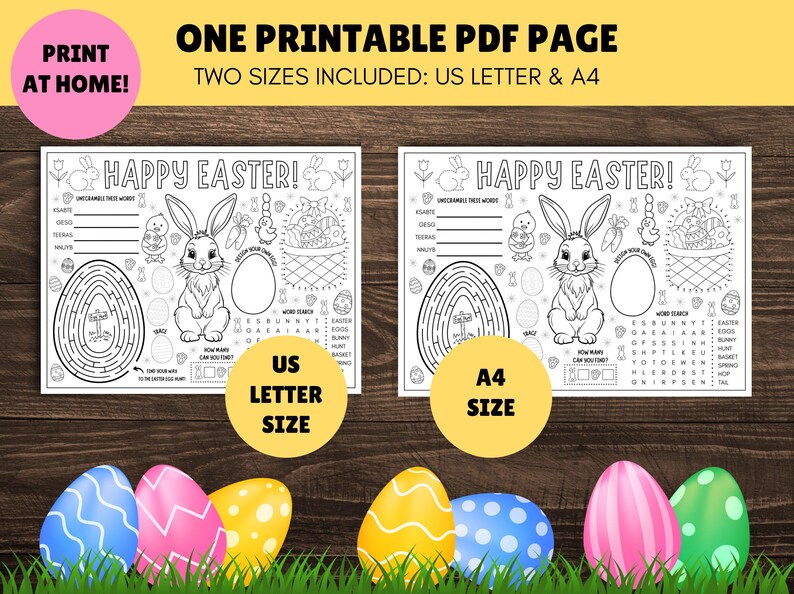 May include: A printable Easter activity sheet featuring a bunny rabbit, eggs, and a word search. The sheet is available in two sizes: US Letter and A4.