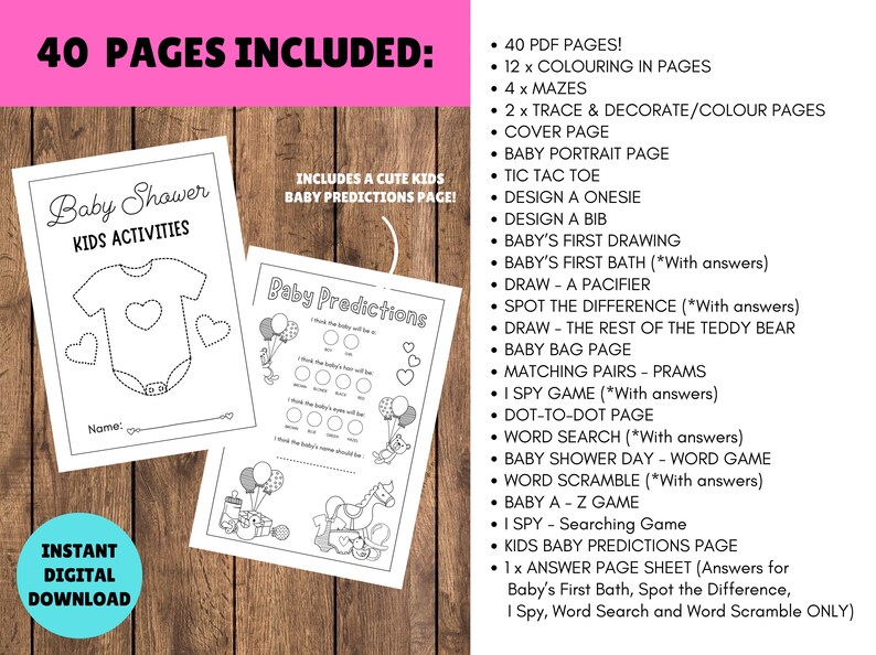 Kids Baby Shower Activities Activity Book Pack Instant Digital Download